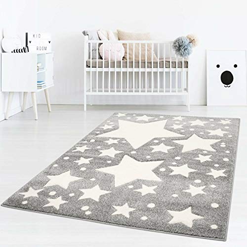 Taracarpet Kinderzimmer und Jugendzimmer Teppich Dreamland Kinderzimmerteppich Sterne grau Creme 080x150 cm