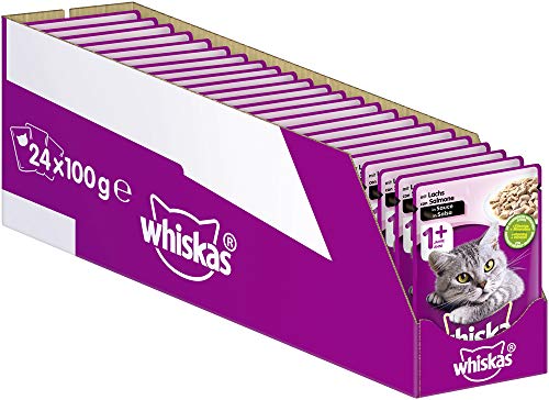 Whiskas 1 + Katzenfutter – Lachs in Sauce – Hochwertiges Nassfutter für ausgewachsene Katzen – 24 Beutel à 100g