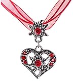 Trachtenkette elegantes Herz mit Strass und Edelweiss Anhänger Trachtenschmuck Kette für Dirndl und Lederhose Damen in vielen Farben (Rot)
