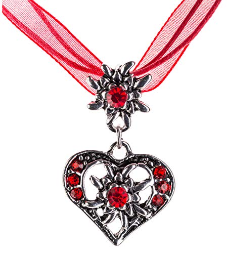 Trachtenkette elegantes Herz mit Strass und Edelweiss Anhänger Trachtenschmuck Kette für Dirndl und Lederhose Damen in vielen Farben (Rot)