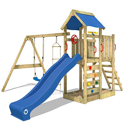 WICKEY Spielturm Klettergerüst MultiFlyer mit Schaukel & Blauer Rutsche, Outdoor Kinder Kletterturm mit Sandkasten, Leiter & Spiel-Zubehör für den Garten