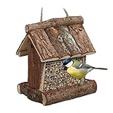 Relaxdays Vogelfutterhaus Holz, zum Aufhängen, HBT: 17 x 15 x 12 cm, mit Silo, Vogelfutterspender für Kleinvögel, Natur