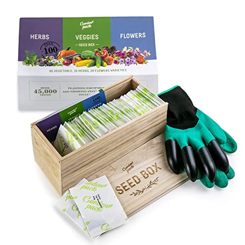 Samenaufzucht Box von Garden Pack – 100 Sorten Blumensamen, Kräutergarten Samen, Gemüsesamen – Holzkiste Geschenkset - Zubehör