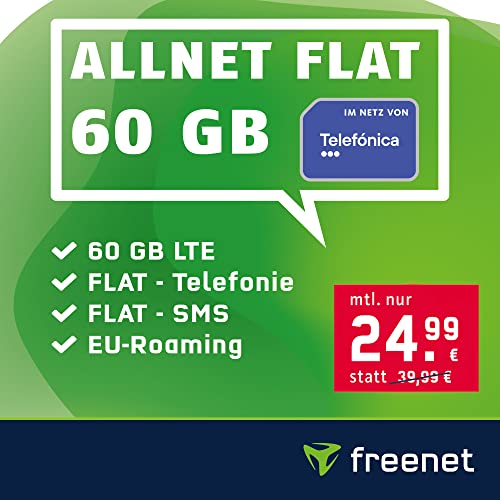 Handyvertrag green LTE 60 GB - Internet-Flat, FLAT Telefonie & SMS in alle Deutschen Netze, FLAT EU-Roaming, Monatlich kündbar für nur 24,99€/Monat, Telefonica Netz