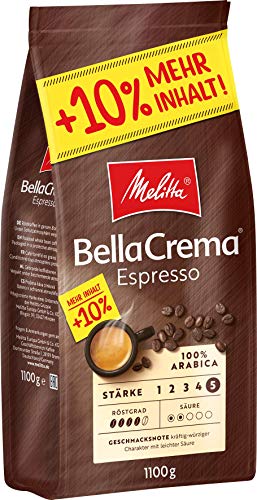 Melitta Ganze Kaffeebohnen, 100% Arabica, kräftig-würziger Geschmack, Stärke 4-5, BellaCrema Espresso, 1100g