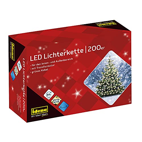 Idena 8325066 - LED Lichterkette mit 200 LED in warmweiß, mit 8 Stunden Timer Funktion und Transformator, ca. 27,9 m lang, Innen- und Außenbereich, für Partys, Weihnachten, Deko, Hochzeit