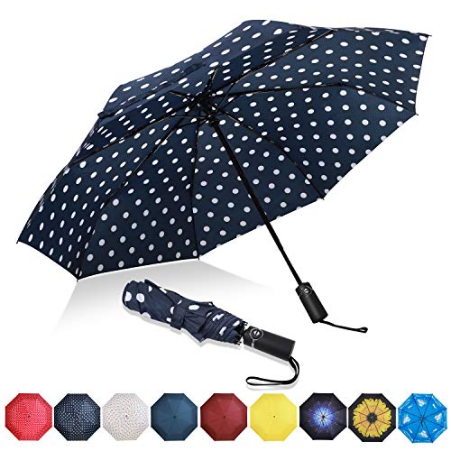 Amazon Brand - Eono Regenschirm Taschenschirm Kompakter Falt-Regenschirm, Winddichter, Auf-Zu-Automatik, Teflonbeschichtung, Verstärktes Dach, Ergonomischer Griff, Schirm-Tasche - Blauer/Weißer Punkt