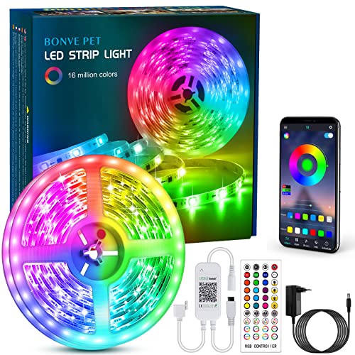 Bonve Pet LED Strip, Bluetooth RGB LED Streifen, Farbwechsel LED Lichterkette 6M mit Steuerbar via App, 16 Mio. Farben, Fernbedienung, Sync mit Musik, LED Band für Schlafzimmer TV Zuhause Schrankdek