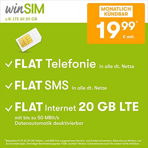 Handytarif winSIM z.B. LTE All 20 GB – (Flat Internet 20 GB LTE, Flat Telefonie, Flat SMS und Flat EU-Ausland, 19,99 Euro/Monat, monatlich kündbar) oder andere Tarife
