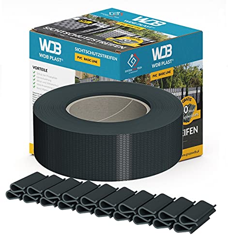 WDB Basic Line PVC Sichtschutzstreifen für Doppelstabmatten - Sichtschutz für Gartenzaun Doppelstabmattenzaun - 47,5 mm × 35 m + 20 Stück Befestigungsclips Klemmschienen Anthrazit