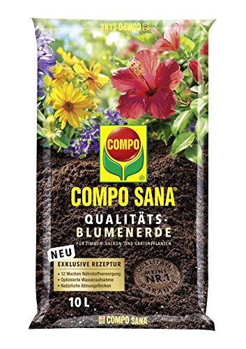 COMPO SANA Qualitäts-Blumenerde, Ca. 50% weniger Gewicht, 12 Wochen Dünger, Kultursubstrat, 10 Liter, Braun