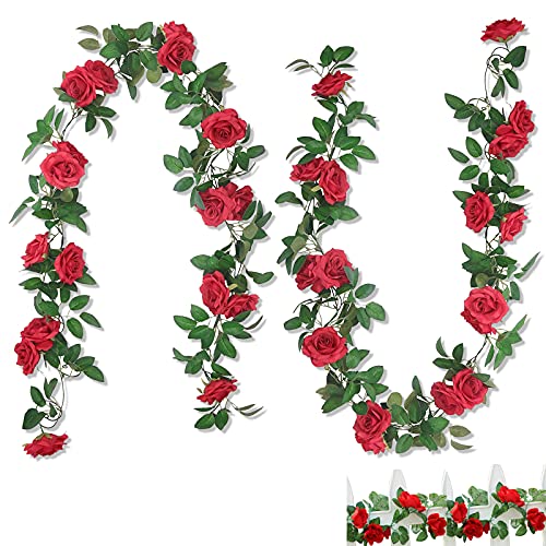 2 STK Blumengirlande Künstlich, 246 cm Rote Rosen Blumengirlande Künstlich Kunstblumen Wie Echt für Hochzeit Valentine Party Anordnung Dekor, 16 Blumen