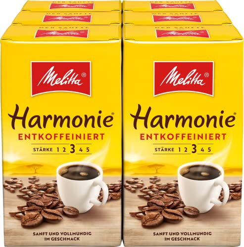 Melitta Gemahlener Röstkaffee, Filterkaffee, entkoffeiniert, vollmundiges, besonders sanftes Aroma, Harmonie entkoffeiniert, 6er Pack (6 x 500 g)