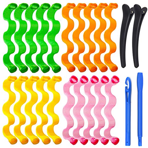 KECRULV 20er Pack Magic Lockenwickler Spiral Curls Wave Styling Hair Rollers Kit No Heat Lockenwickler mit 1 Stylinghaken und 2 Haarklammer für alle Frisuren (25 cm)