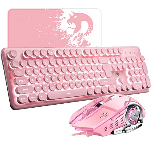 Tastatur Maus Sets Gaming Tastatur LED Beleuchtete Gaming Tastatur mit QWERTY Layout 104 Tasten, 2400 dpi einstellbar, 6 Tasten Maus, Gaming Mausmatte - Rosa