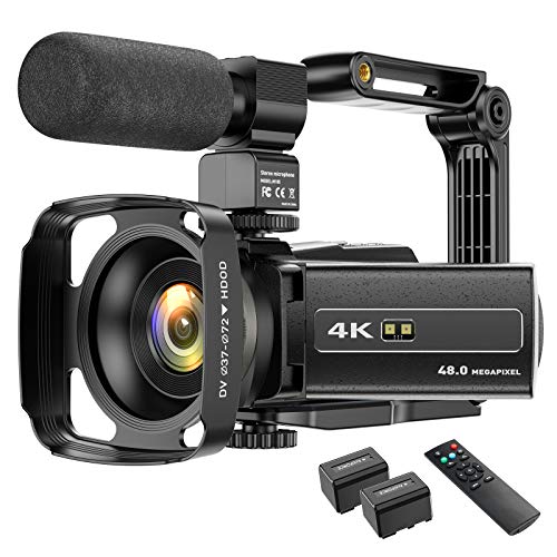 4K Camcorder Videokamera WIFI 48MP IR Nachtsicht Vlogging Kamera, 16 x Digital-Zoom Video-Rekorder mit Mikrofon, Kamerahalter und Gegenlichtblende