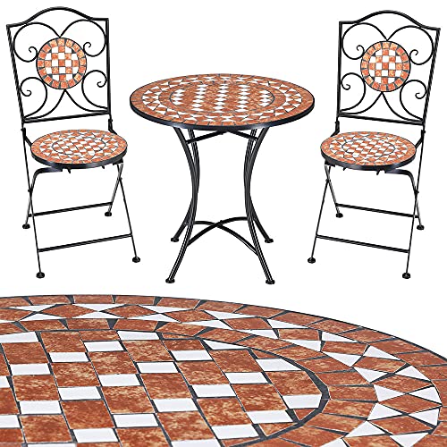 Deuba Mosaik Sitzgruppe 3 teilig Set Metall 60 cm 2 Stühle Klappbar Garten Balkon Terrasse Tisch Gartenmöbel Balkonmöbel