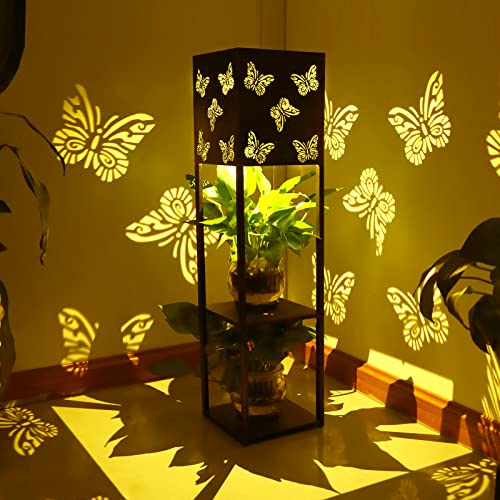 Solarlaterne für Außen, 32' Hohe Vintage Metall Solar Laterne Schmetterlingslichter, IP65 Wasserdicht Lichter Dekorative Gartenleuchten, Garten Weglichter Solarlampen, 2 Etagen Blumenstand für Rasen