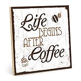 TypeStoff Holzschild mit Spruch – Life Begins After Coffee - Shabby chic Retro Vintage Typografie Bild aus MDF Holz (19,5 x 19,5 cm) - HS-00074