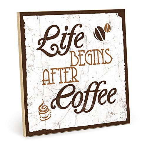 TypeStoff Holzschild mit Spruch – Life Begins After Coffee - Shabby chic Retro Vintage Typografie Bild aus MDF Holz (19,5 x 19,5 cm) - HS-00074
