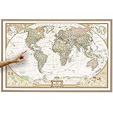 ORBIT Globes & Maps - Weltkarte mit Kartenbild von National Geographic - Pinnwand mit Holzrahmen, Aktuell 2019, 90x60 cm, englisch, Maßstab 1:46 Mio mit Fähnchen und Pins sowie Befestigungsmaterial