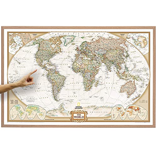 ORBIT Globes & Maps - Weltkarte mit Kartenbild von National Geographic - Pinnwand mit Holzrahmen, Aktuell 2019, 90x60 cm, englisch, Maßstab 1:46 Mio mit Fähnchen und Pins sowie Befestigungsmaterial