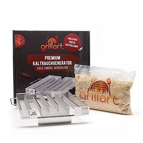 grillart® Premium Sparbrand Kaltrauchgenerator inkl. gratis Erstfüllung – Räucherofen aus 100% Edelstahl hergestellt – hochwertige Räucherschnecke mit Griffen