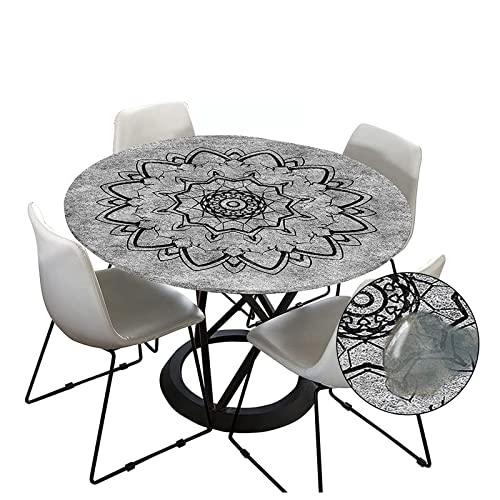 Morbuy Tischdecke Outdoor Rund 120 cm, Elastisch Rund Abwaschbar Tischdecken Wasserabweisend Lotuseffekt Garten Tischdecke Grau Mandala Table Cloth, Ideal für 100cm-110cm