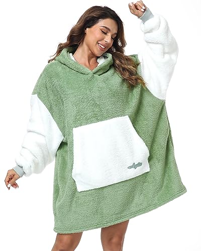 Argstar Übergroße Hoodie Decke tragbare Decken Hoodie leichte Kapuzendecke, kuschelige Samt-Decke,warmes Hoodie mit Tasche und elastischen Ärmeln für Erwachsene Damen und Herren Salbeigrün