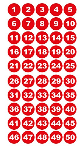 Runde Zahlenaufkleber 1-50, Vinyl - 30mm - weiße Zahlen auf rot