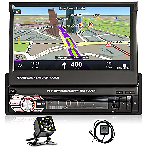 Hikity Autoradio mit Navi Bluetooth 1 Din Autoradio mit 7 Zoll Bildschirm Motorisierte Ausfahrbarem Touchscreen Radio mit Rückfahrkamera GPS/FM/USB/MP5/AUX/TF Mirror Link(Android&IOS)
