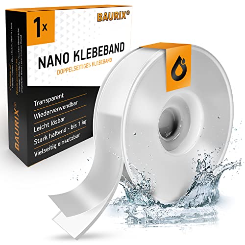 BAURIX® Nano-Klebeband Doppelseitig [3m] I Doppelseitiges Klebeband Extra Stark I Waschbares Silikon Nano-Tape Transparent