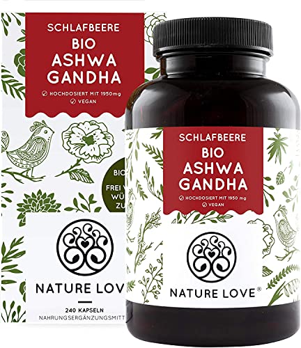 NATURE LOVE® Bio Ashwagandha - Hochdosiert mit 1950mg je Tagesdosis - 240 Kapseln - Hochwertige original indische Schlafbeere - Laborgeprüft, in Deutschland produziert