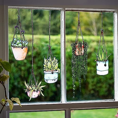 Fünfer-Set Fenster-Sticker/-Aufkleber mit gezeichneten Hängepflanzen-Motiven – Hängetopf-Glasaufkleber – Gartenhaus-Sticker Doppelseitige und kein Kleber zum Schutz gegen Vogelkollisionen