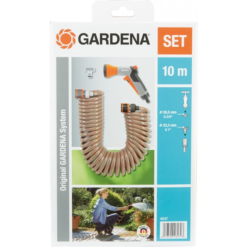 Gardena Spiralschlauch-Set 10 m: Spiralförmiger Gartenschlauch zum Gießen und Bewässern kleinerer Flächen, Rückstellkraft, Durchmesser 9 mm, mit Gardena Systemteilen und Brause (4647-20)