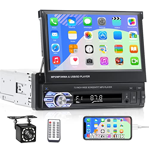 Autoradio Bluetooth GPS Navi 1Din, NHOPEEW 7' HD Einziehbarer Bildschirm Autoradio MP5 Unterstützung Mirror Link/ FM/ USB /TF /AUX IN/ Lenkradsteuerung + Rückfahrkamera