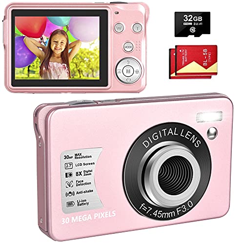 LINNSE Digitalkamera, Kompaktkamera 30MP 2,7-Zoll- mit 8X Digitalzoom Fotoapparat Digitalkamera mit 32 GB SD-Karte und 2 Batterien (Rosa)