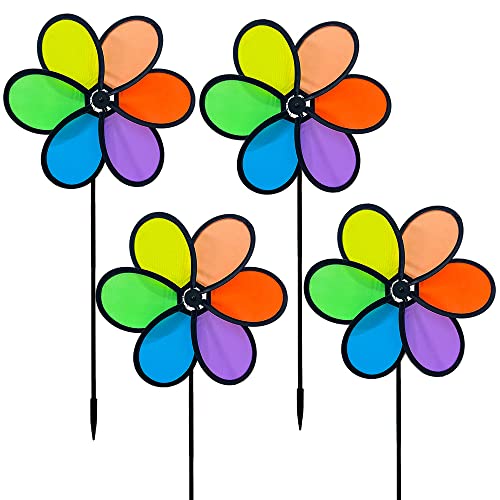 LUKDUNG 4 Stück Windspiel Blume Windrad Spielzeuge 24cm Regenbogen Windmühle Spinner für Rasen Windrad Hof Garten Terrasse Balkon Gartenstecker Deko