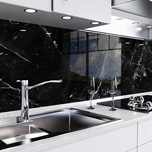 danario Küchenrückwand selbstklebend - Glasoptik - Spritzschutz Küche - versteifte PET Folie - 1,3 mm - Marmor schwarz - 60cm x 280cm