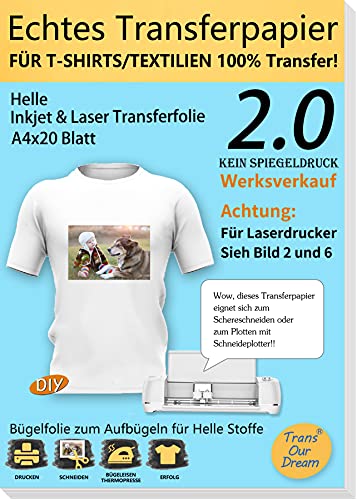 TransOurDream ECHTE Inkjet/Laser Transferfolie Transferpapier,DIN A4X20 Blatt,Bedruckbare Bügelfolie für helle T Shirts/Textilien,Folie für Tintenstrahldrucker und Laserdrucker(2.0-20)
