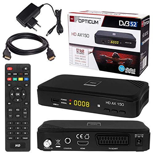 SATELLITEN SAT Receiver ✨ HB DIGITAL DVB-S/S2 Set: Hochwertiger DVB-S/S2 Receiver + HDMI Kabel mit vergoldeten Anschlüssen (HD Ready HDTV HDMI SCART USB 2.0, Koaxial Ausgang, Opticum AX150)