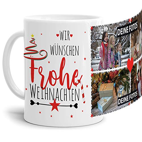 Weihnachts-Tasse mit Spruch zum SELBSTGESTALTEN mit FOTO-COLLAGE für 4 WUNSCHFOTOS - Persönliches Geschenk für Freunde und Familie - Weiß