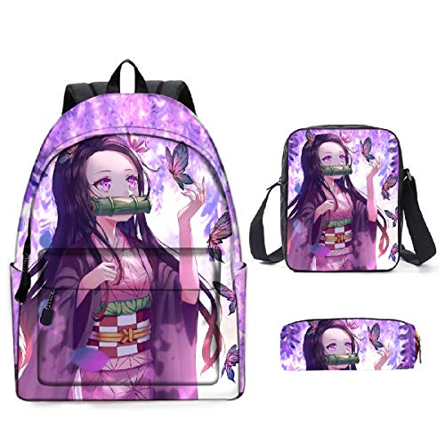 ZBK Anime Demon Slayer Schulranzen-Set, Laptop-Rucksack mit Schultertasche und Federmäppchen für Jungen und Mädchen, 14 Farben Gr. M, D