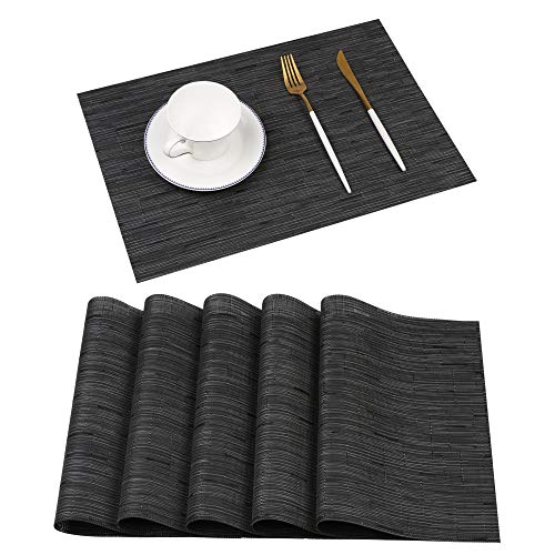 Famibay Platzsets Abwaschbar Schwarz Tischsets Kunststoff 6er Set Platzdeckchen Hitzebeständig Tischmatte für Küche Restaurants(I-Black 6)