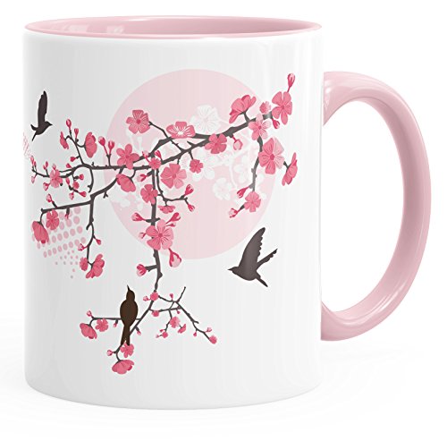 Autiga Kaffee-Tasse Kirschblüten Vögel Vogel Blumen Blüten Flower Cherry Tree Birds Tasse mit Innenfarbe rosa Unisize