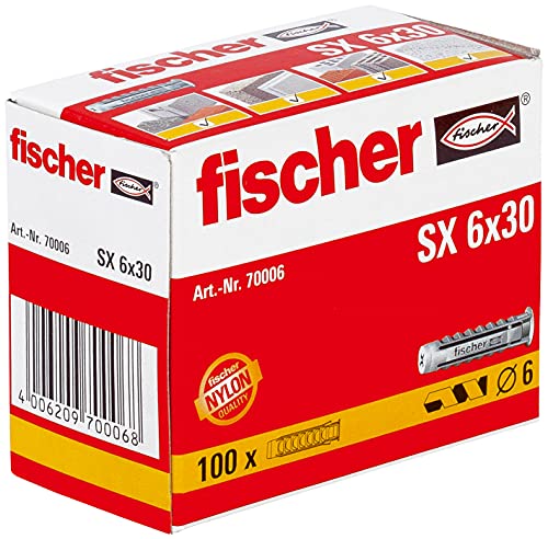 fischer Spreizdübel SX 6 x 30, Schachtel mit 100 Nylondübeln, Dübel für optimalen Halt bei Befestigungen in Beton, Hochlochziegel, Porenbeton, Vollziegel uvm.