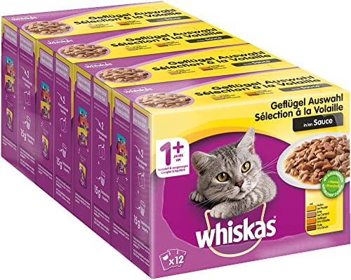 Whiskas 1 + Katzenfutter – Geflügel-Auswahl in Sauce – Schmackhaftes Feuchtfutter für eine gesunde Katze – 48 Portionsbeutel à 100g