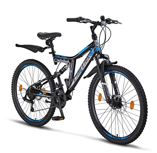 Chillaxx Bike Falcon Premium Mountainbike in 24 und 26 Zoll - Fahrrad für Jungen, Mädchen, Damen und Herren - Scheibenbremse- 21 Gang-Schaltung - Vollfederung (26 Zoll, Schwarz-Blau Disc-Bremse)