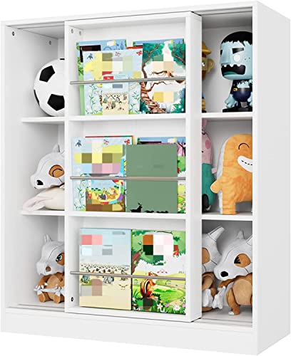 Kinderregal weiß, Regal mit Schiebetür, Kommde Schrank Sideboard Bücherregal für Kinder Spanplatt 90(L) x37(W) x105(H) cm