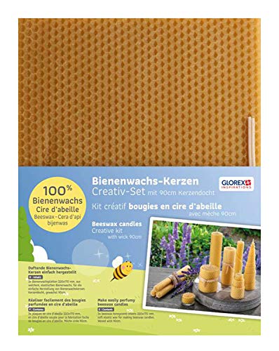 GLOREX 6 8605 155 - Bienenwachswaben im Set, 3 Platten aus 100%igem Bienenwachs und 1 gewachster Docht, zur Herstellung von Wabenkerzen